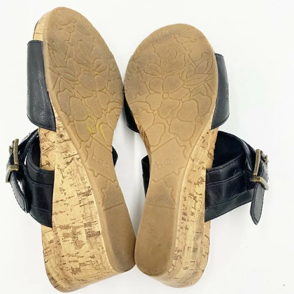 b.o.c. Comfort Black Double Strap Cork Wedges Buckle Slip-on Size 8M